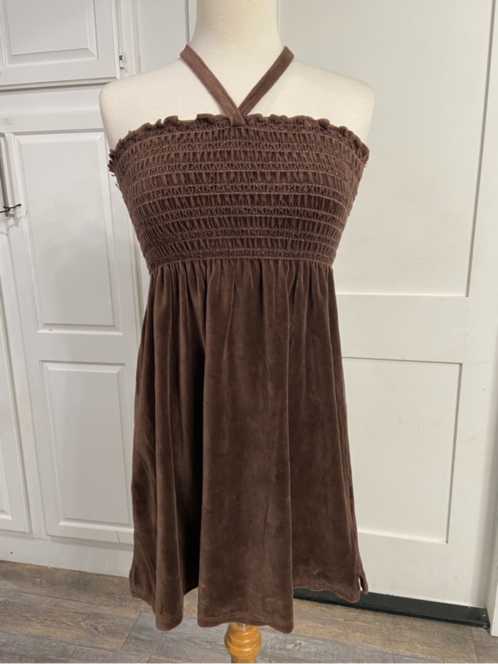 Juicy Couture XL Velour Brown Smocked Halter Mini Babydoll Dress Y2K